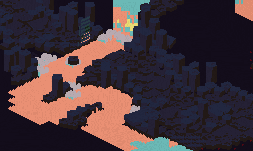 an isometric pixelart scene, where a salmon-colored river winds through columnar basalt.