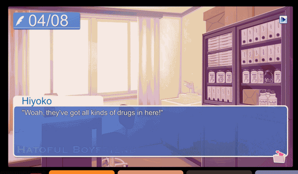 a screenshot of hatoful boyfriend, a pigeon dating sim. hiyoko says: woah, they've got all kinds of drugs in here!