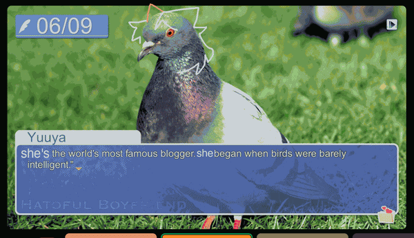 an edited screenshot of hatoful boyfriend. cat ears and hair have been drawn over the pigeon in the middle to make it look like my fursona. the text reads: she's the world's most famous blogger. she began when birds were barely intelligent.