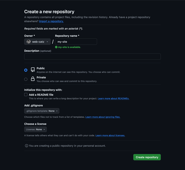 the github "new repository" screen